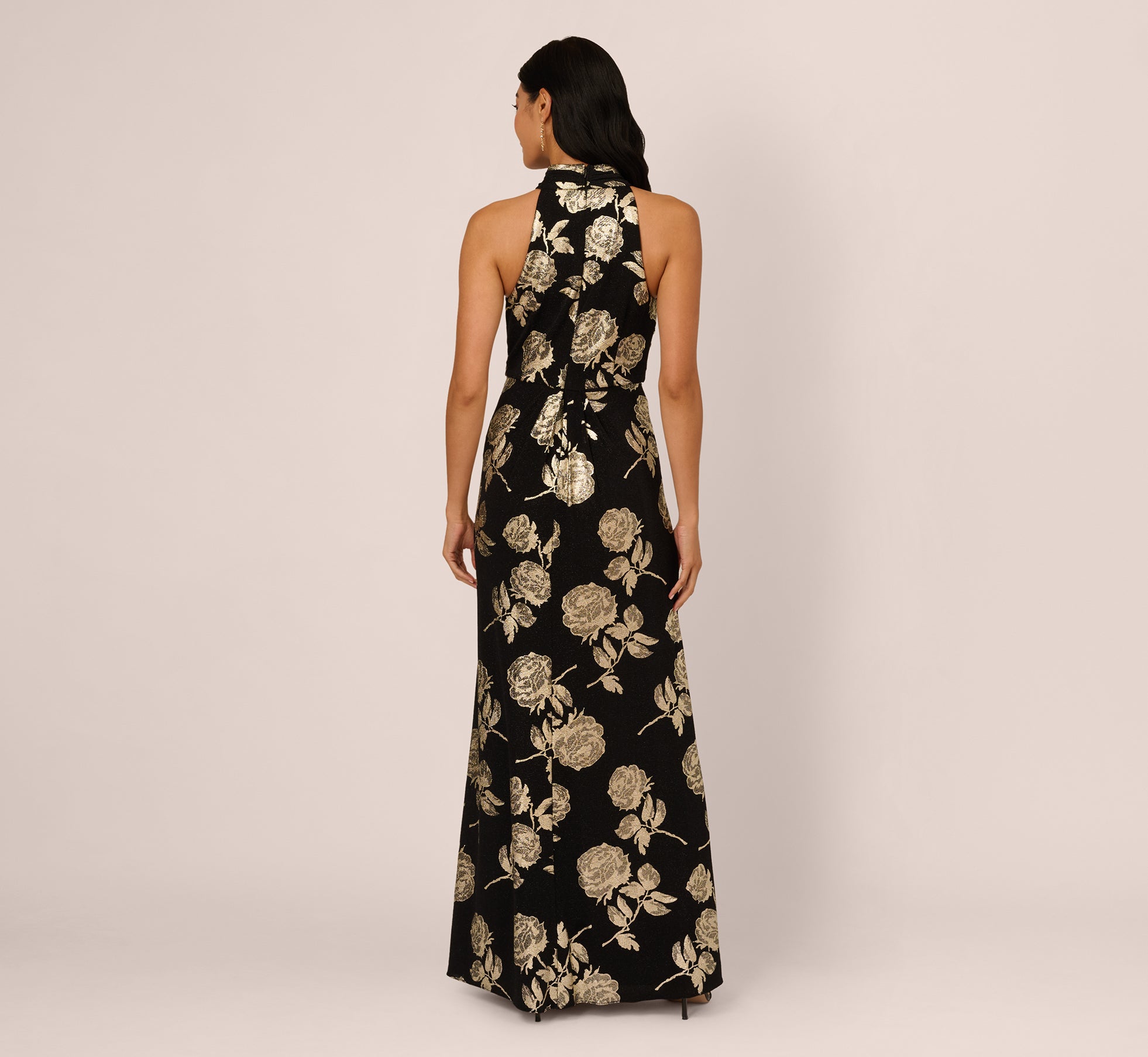 Metallic Rose Floral Halter Gown In Black Gold