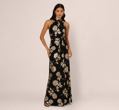 Metallic Rose Floral Halter Gown In Black Gold