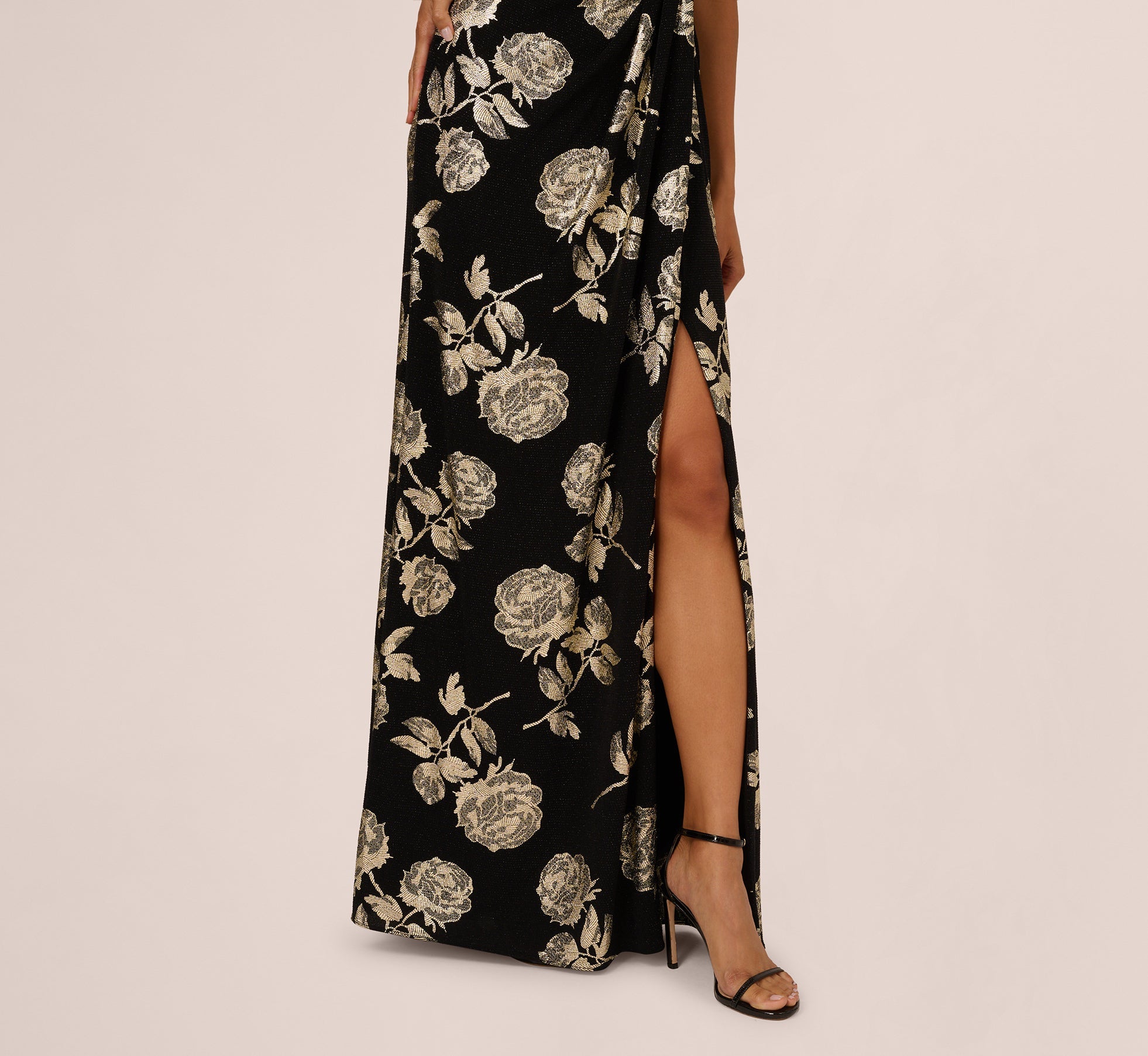 Metallic Rose Floral Halter Gown In Black Gold