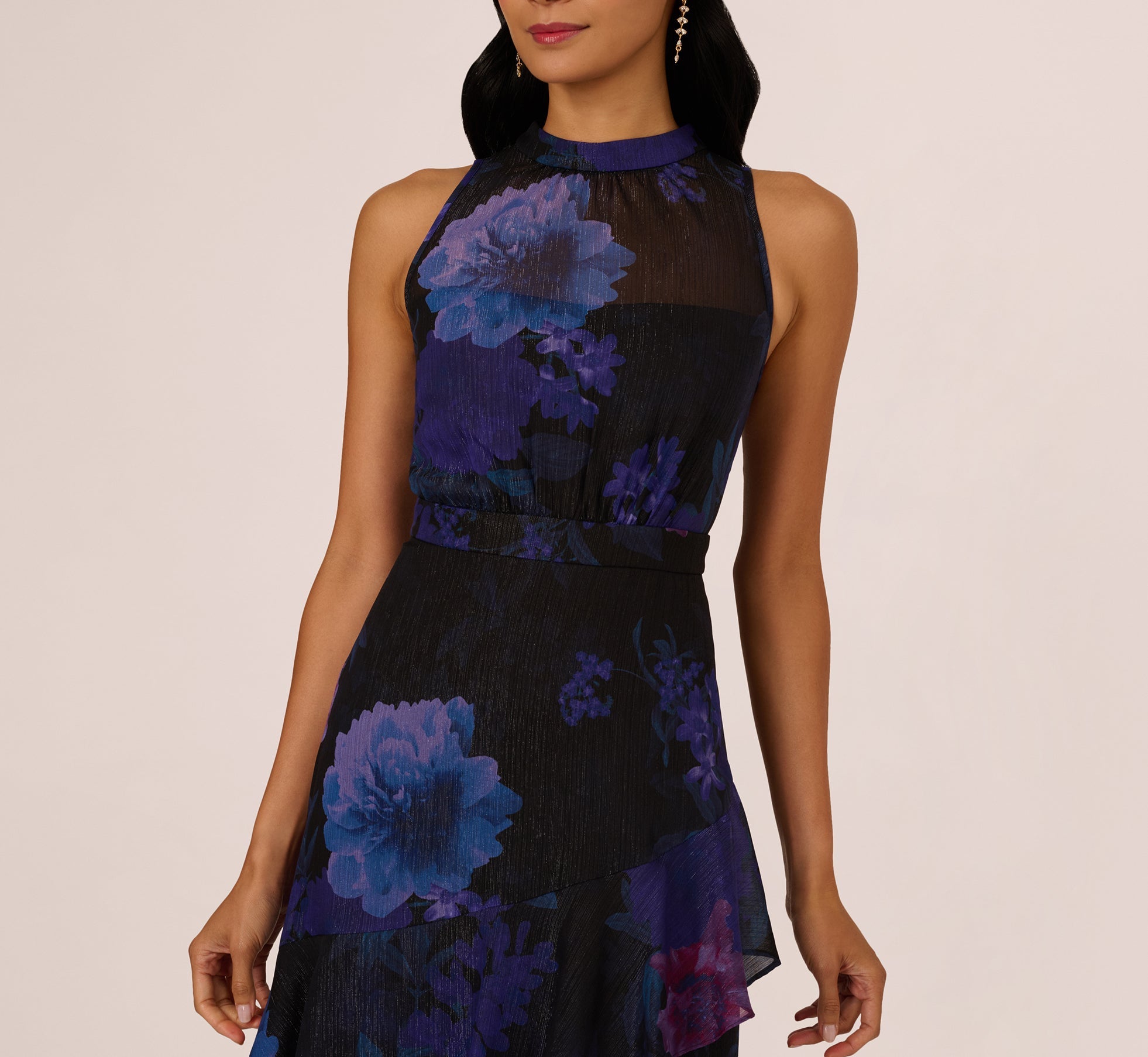 Sleeveless Glitter Floral Ruffle Midi Dress In Black Multi