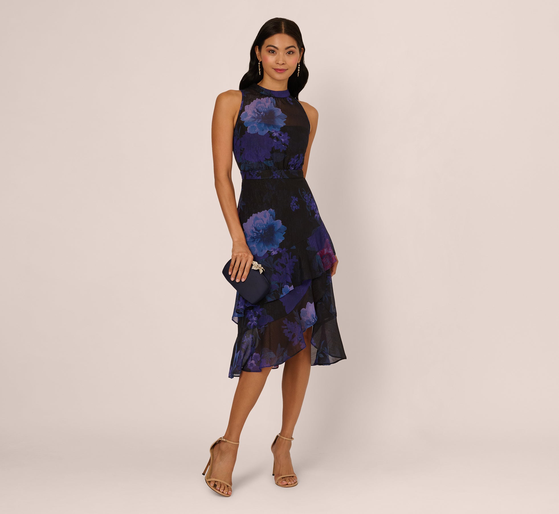 Sleeveless Glitter Floral Ruffle Midi Dress In Black Multi