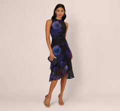 Sleeveless Glitter Floral Ruffle Midi Dress In Black Multi