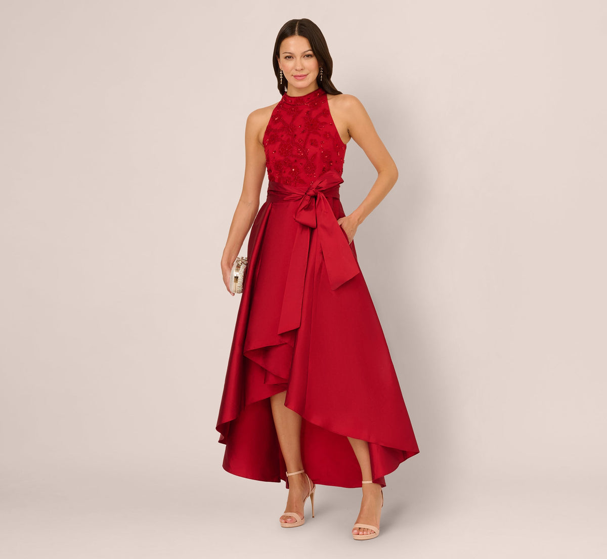 Sleeveless Beaded Taffeta High Low Combo Gown In Red