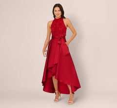 Sleeveless Beaded Taffeta High Low Combo Gown In Red