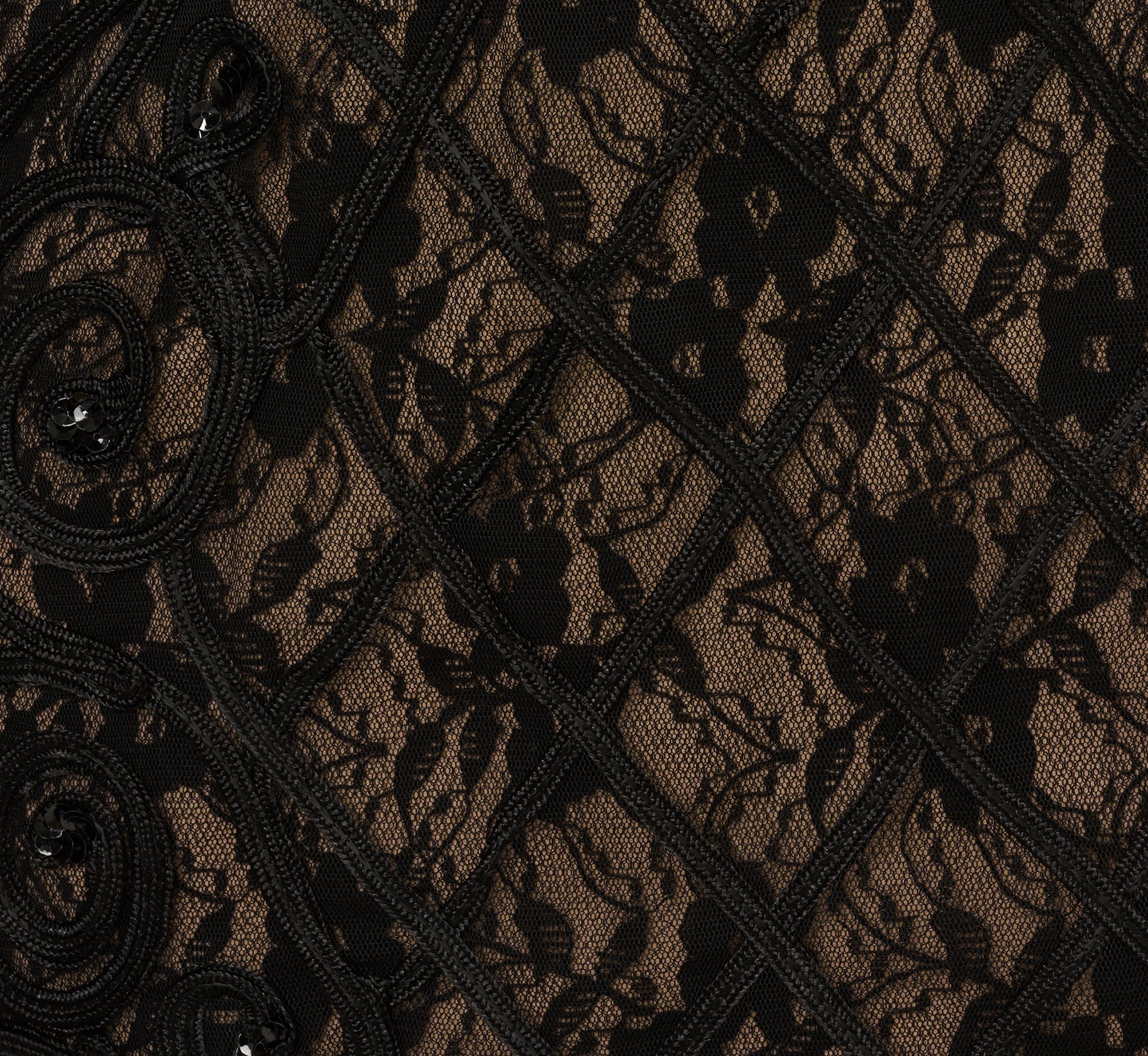 Cap Sleeve Soutache Lace Beaded Midi Dress In Black Nude