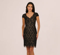 Cap Sleeve Soutache Lace Beaded Midi Dress In Black Nude