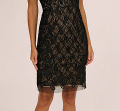 Cap Sleeve Soutache Lace Beaded Midi Dress In Black Nude