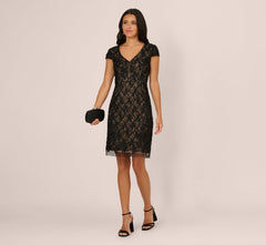 Cap Sleeve Soutache Lace Beaded Midi Dress In Black Nude