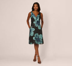 Floral Jacquard Belted A Line Midi Dress In Black Multi