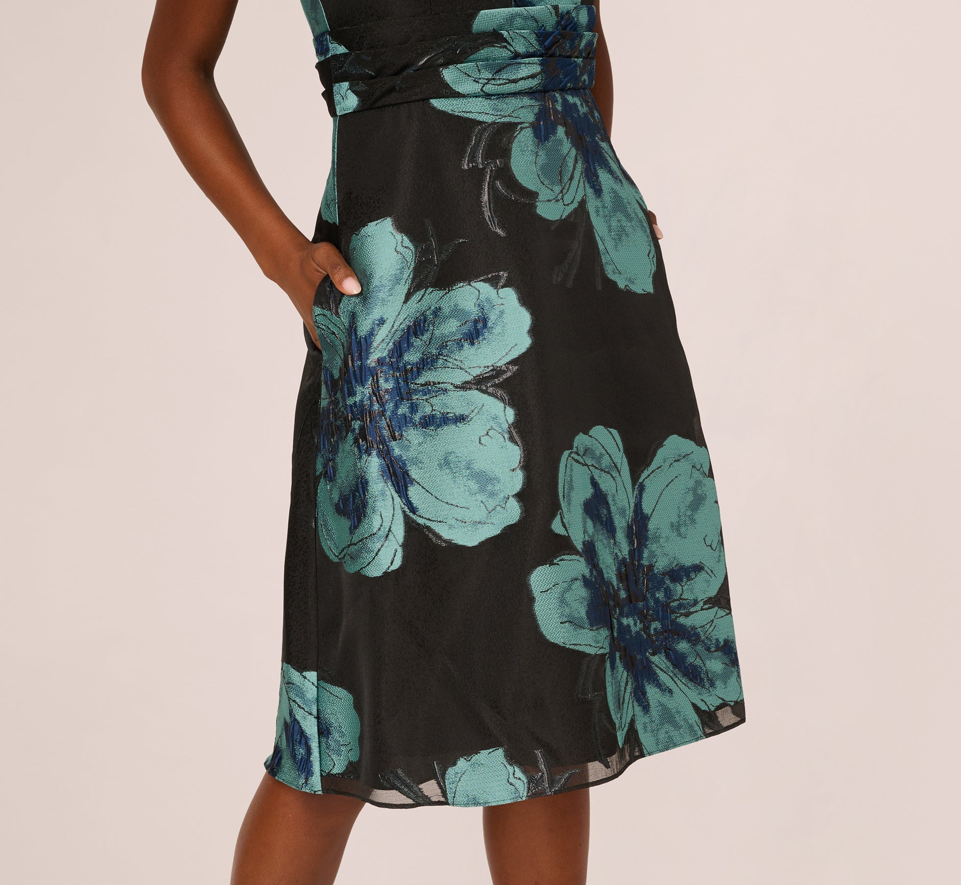 Floral Jacquard Belted A Line Midi Dress In Black Multi