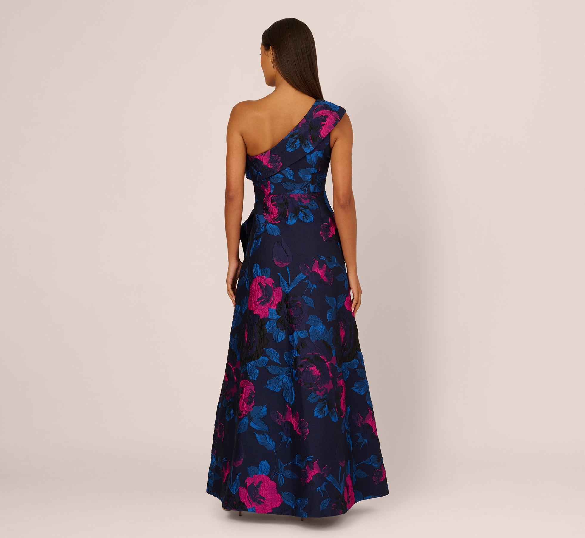 One Shoulder Floral Jacquard A Line Gown In Navy Orchid