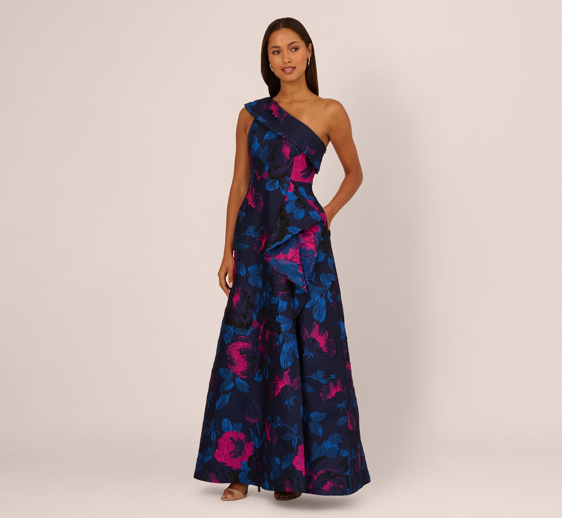 One Shoulder Floral Jacquard A Line Gown In Navy Orchid