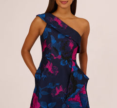 One Shoulder Floral Jacquard A Line Gown In Navy Orchid