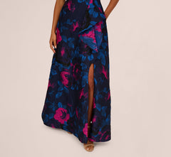 One Shoulder Floral Jacquard A Line Gown In Navy Orchid
