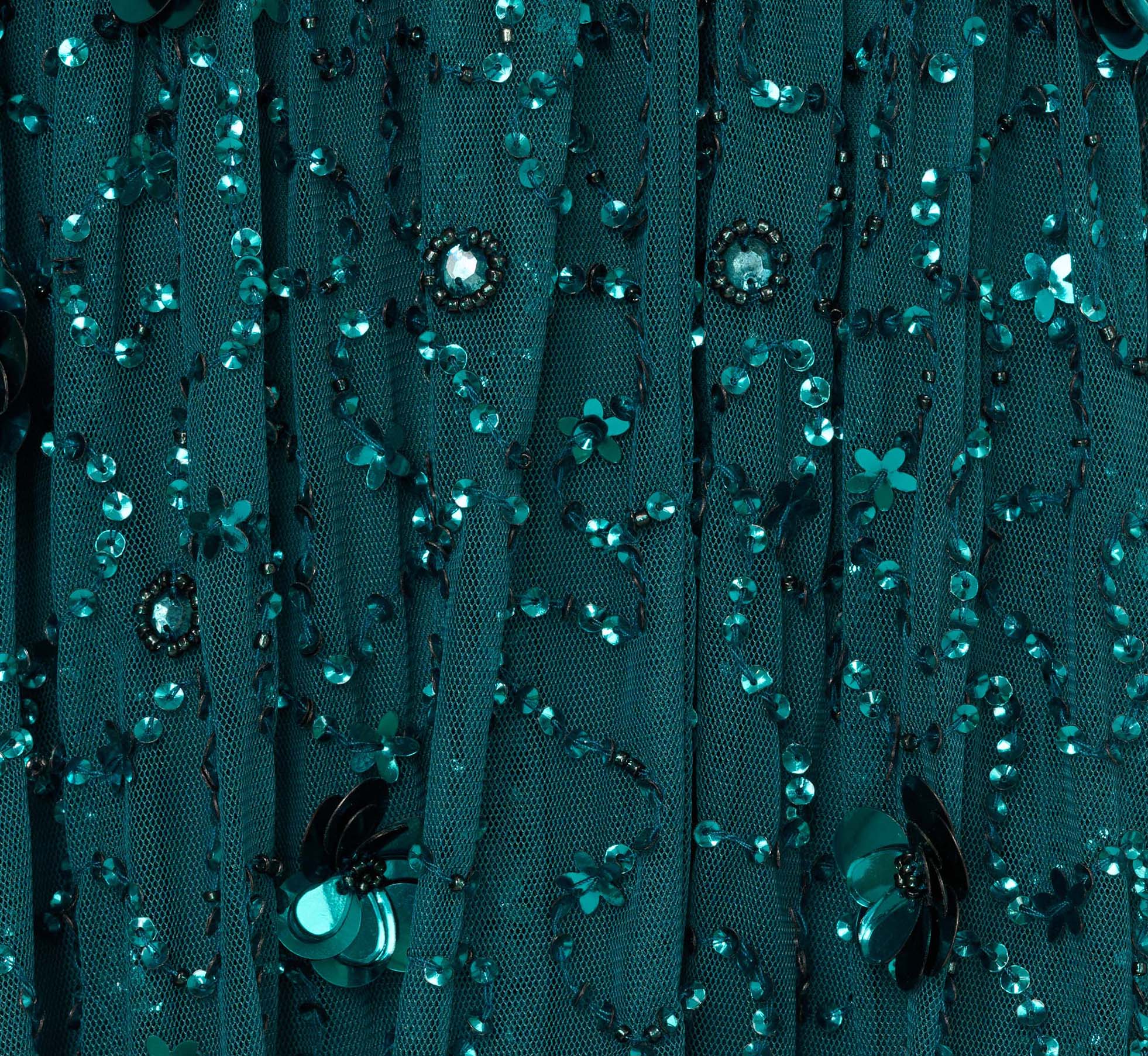 Sleeveless Floral Beaded Ruffle Midi Dress In Deep Azure