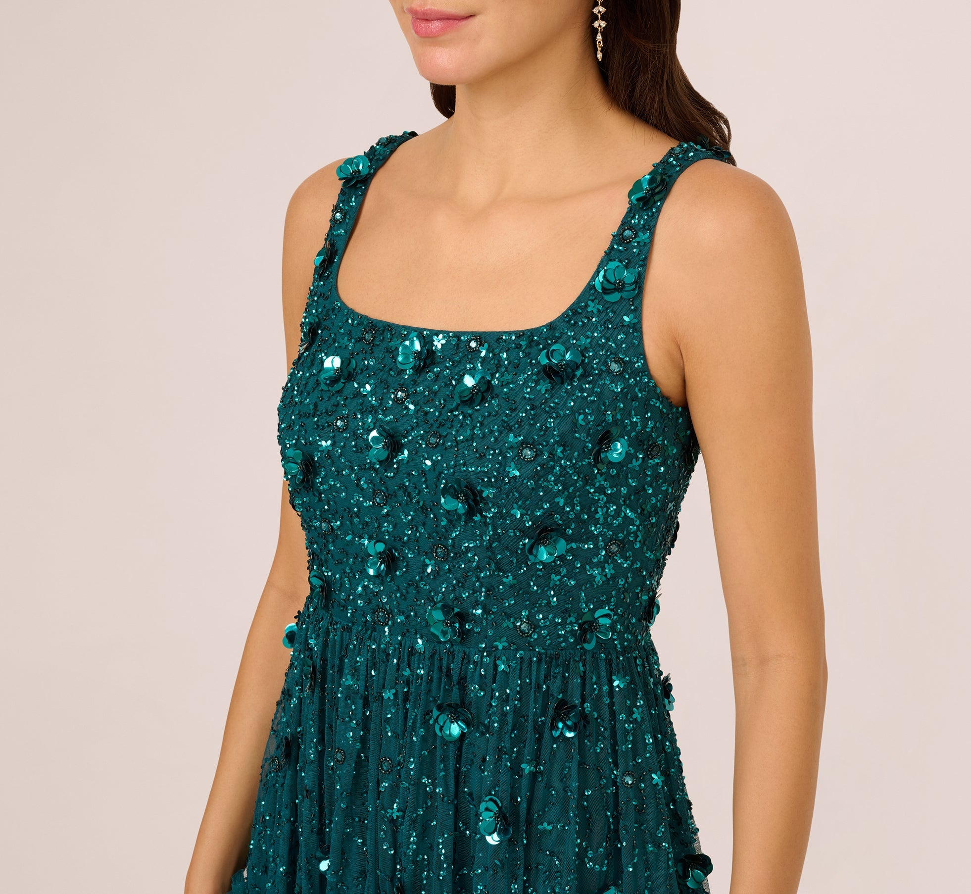 Sleeveless Floral Beaded Ruffle Midi Dress In Deep Azure