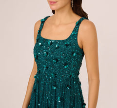 Sleeveless Floral Beaded Ruffle Midi Dress In Deep Azure