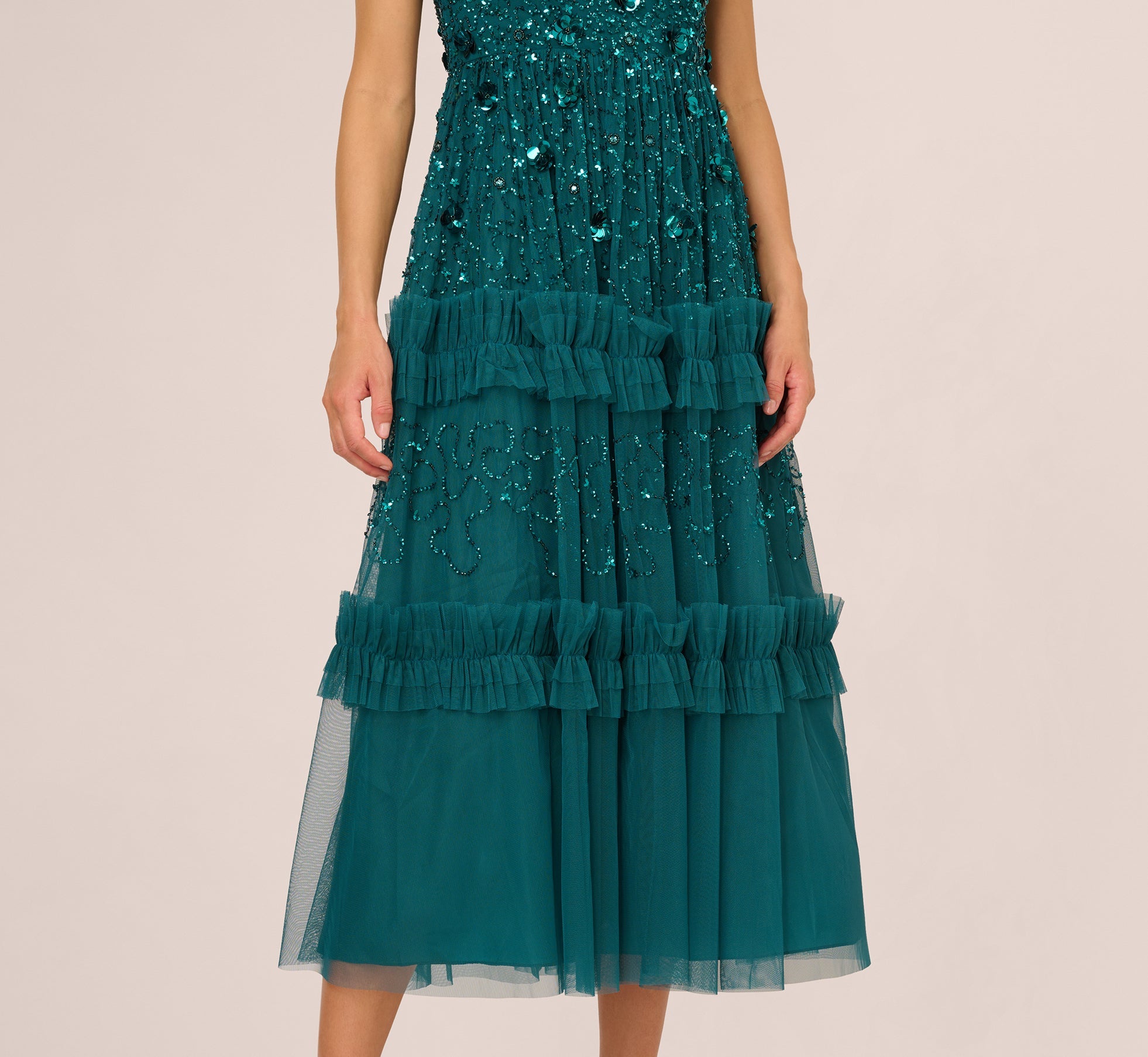 Sleeveless Floral Beaded Ruffle Midi Dress In Deep Azure