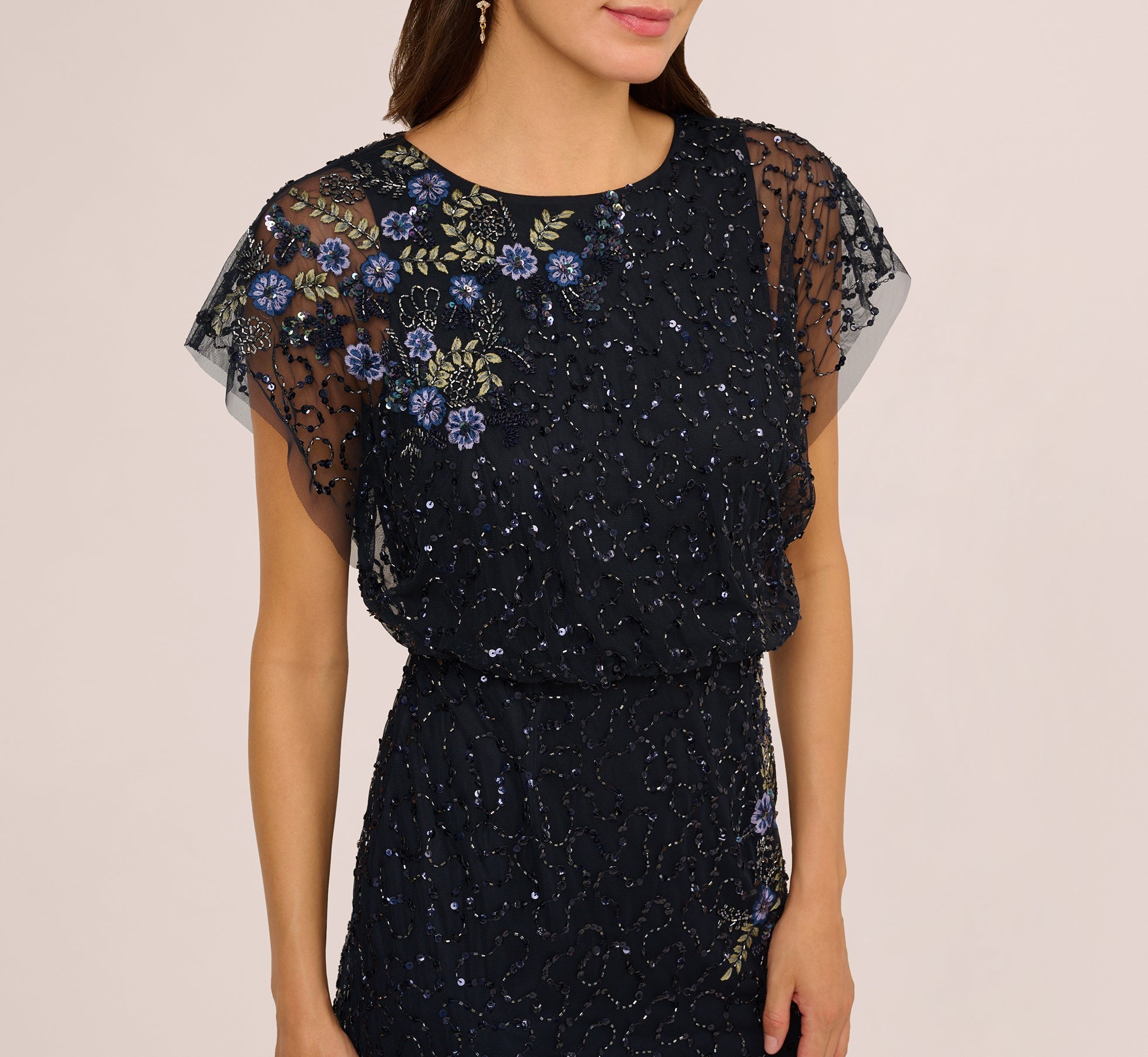 Short Sleeve Beaded Floral Embroidery Gown In Midnight Multi