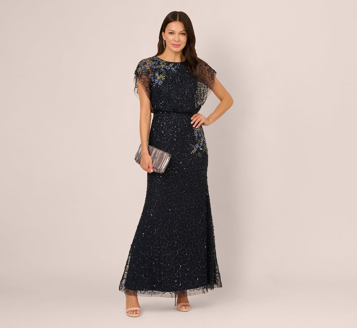 Short Sleeve Beaded Floral Embroidery Gown In Midnight Multi