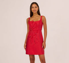 Sleeveless 3D Floral Beaded Cocktail Dress In Red