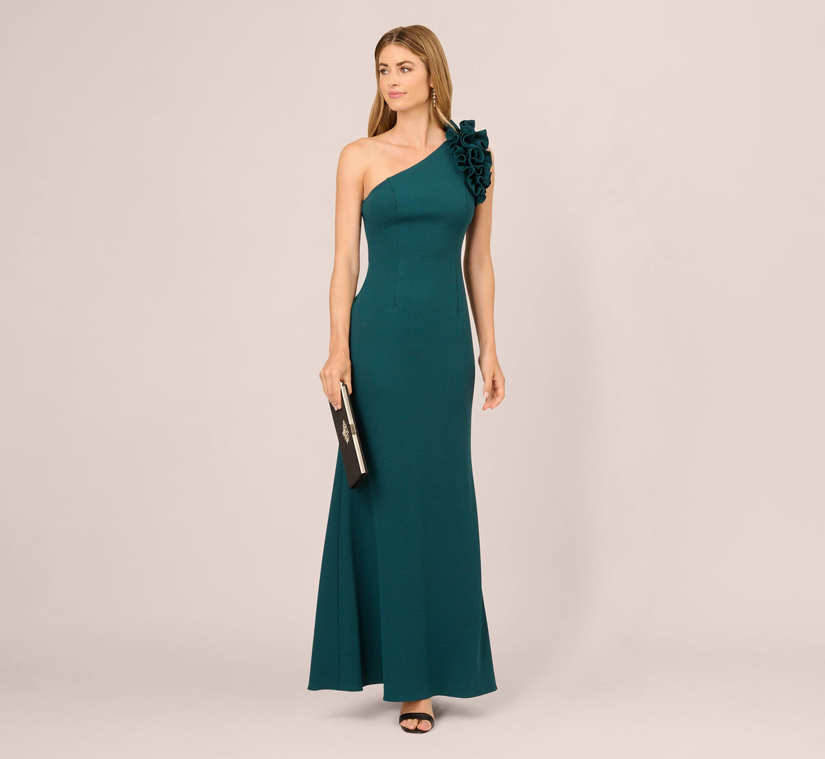 One Shoulder Ruffle Mermaid Gown In Hunter