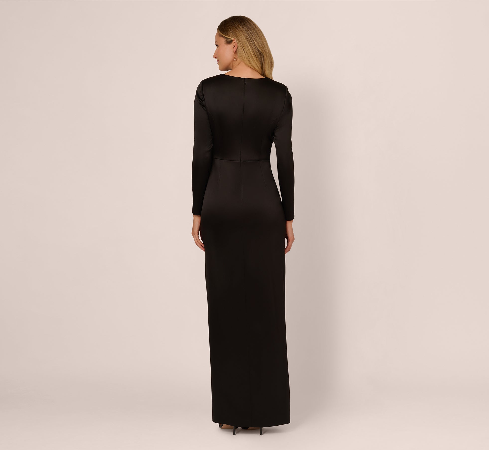 Long Sleeve Satin Bow Gown In Black