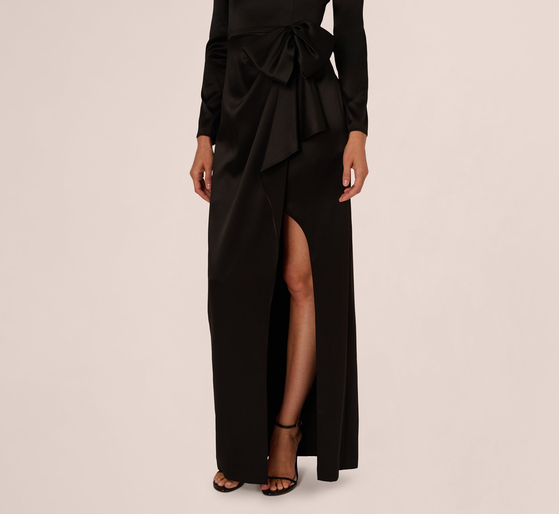 Long Sleeve Satin Bow Gown In Black