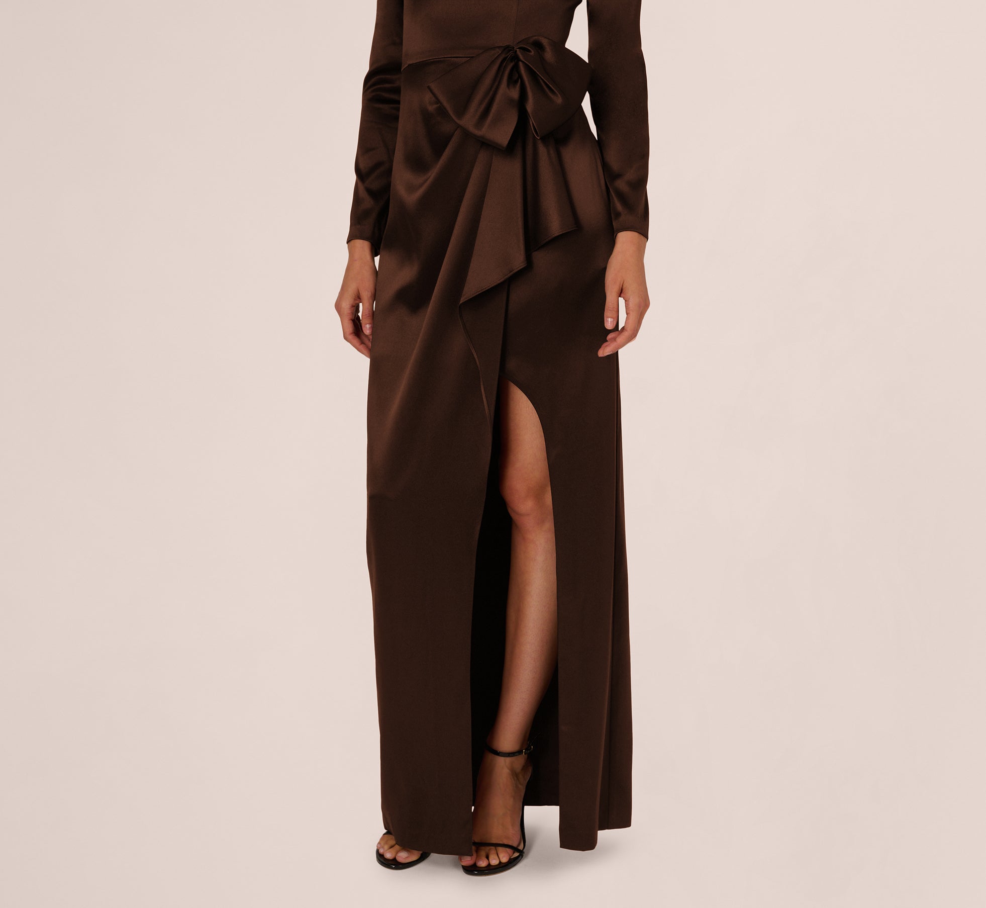 Long Sleeve Satin Bow Gown In Chocolate