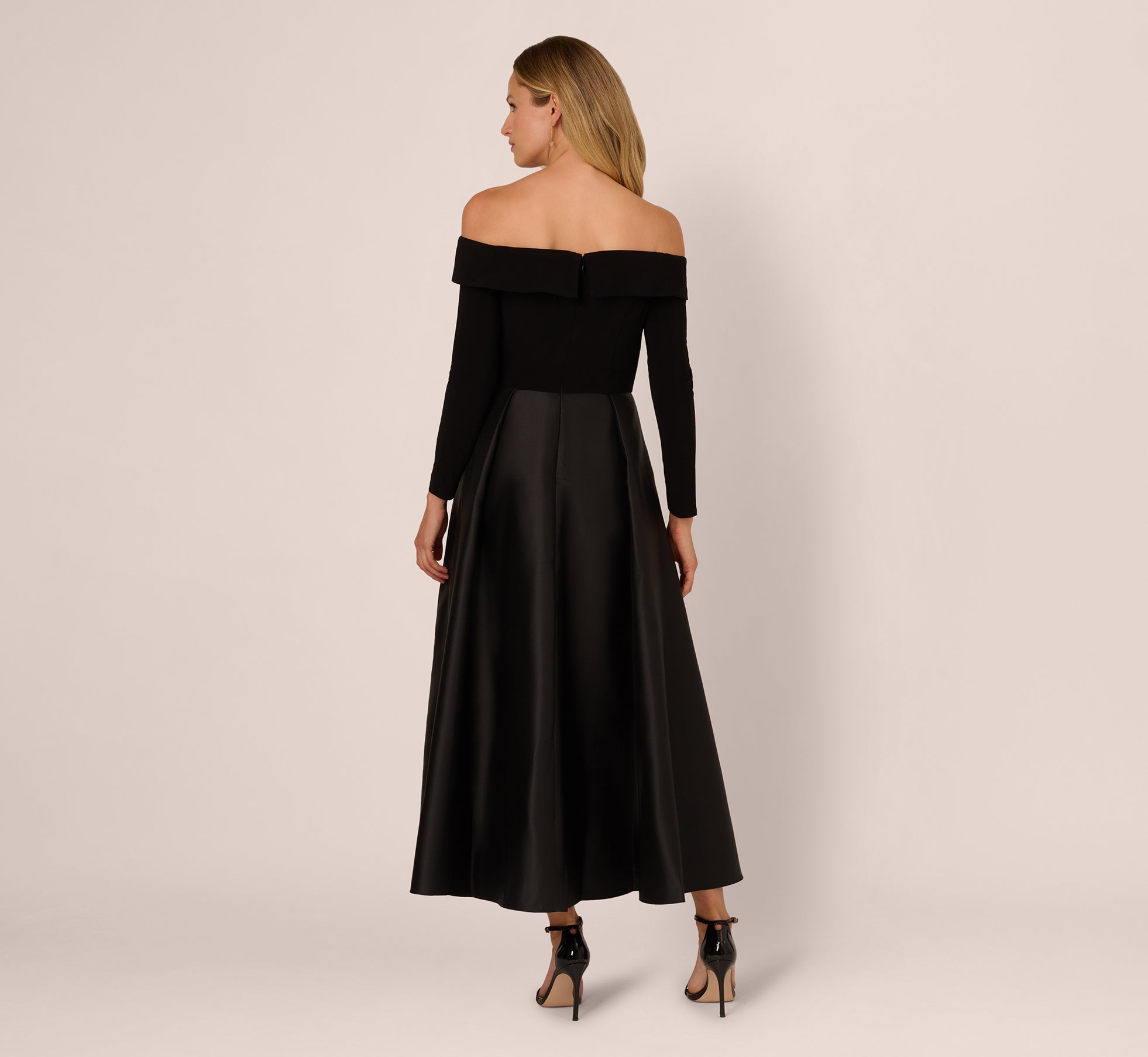 Off Shoulder Long Sleeve Mikado Combo Gown In Black