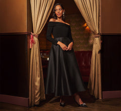 Off Shoulder Long Sleeve Mikado Combo Gown In Black