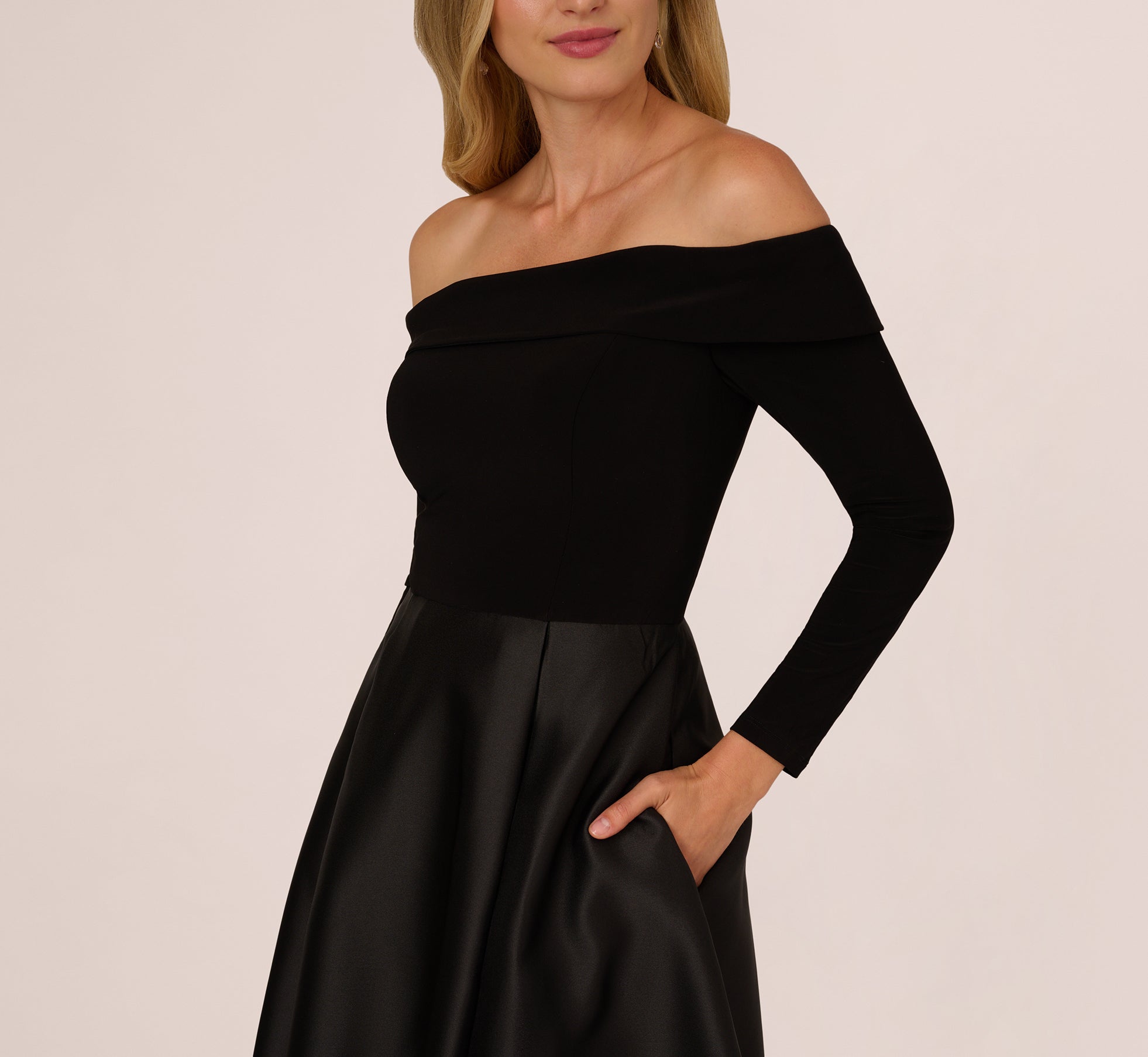 Off Shoulder Long Sleeve Mikado Combo Gown In Black