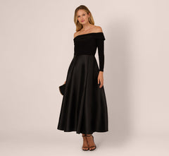 Off Shoulder Long Sleeve Mikado Combo Gown In Black