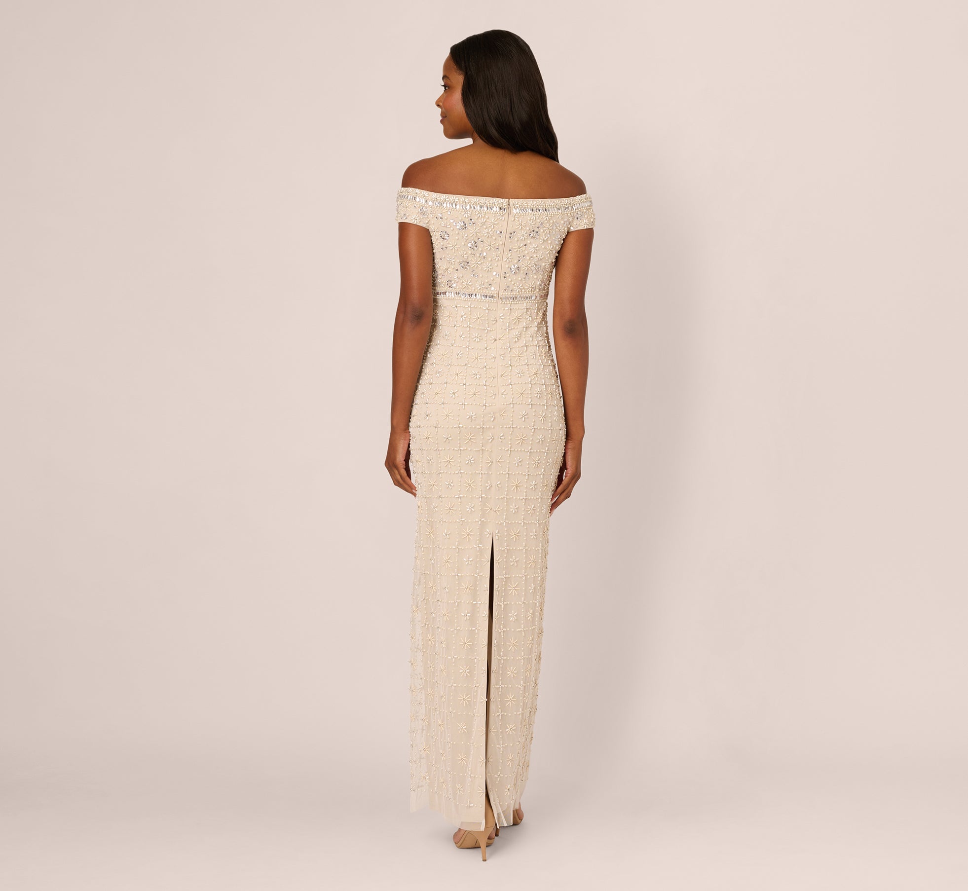 Off Shoulder Pearly Beaded Column Gown In Ivory Nude