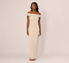 Off Shoulder Pearly Beaded Column Gown In Ivory Nude