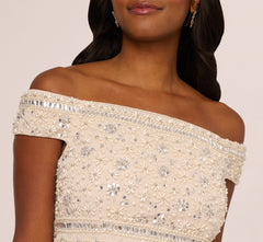 Off Shoulder Pearly Beaded Column Gown In Ivory Nude