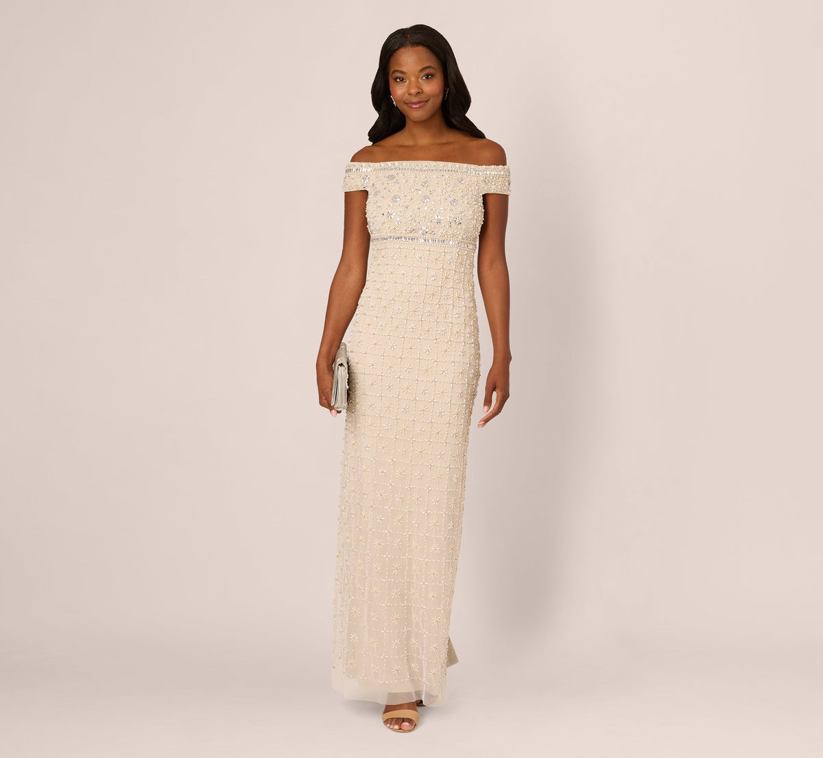 Off Shoulder Pearly Beaded Column Gown In Ivory Nude