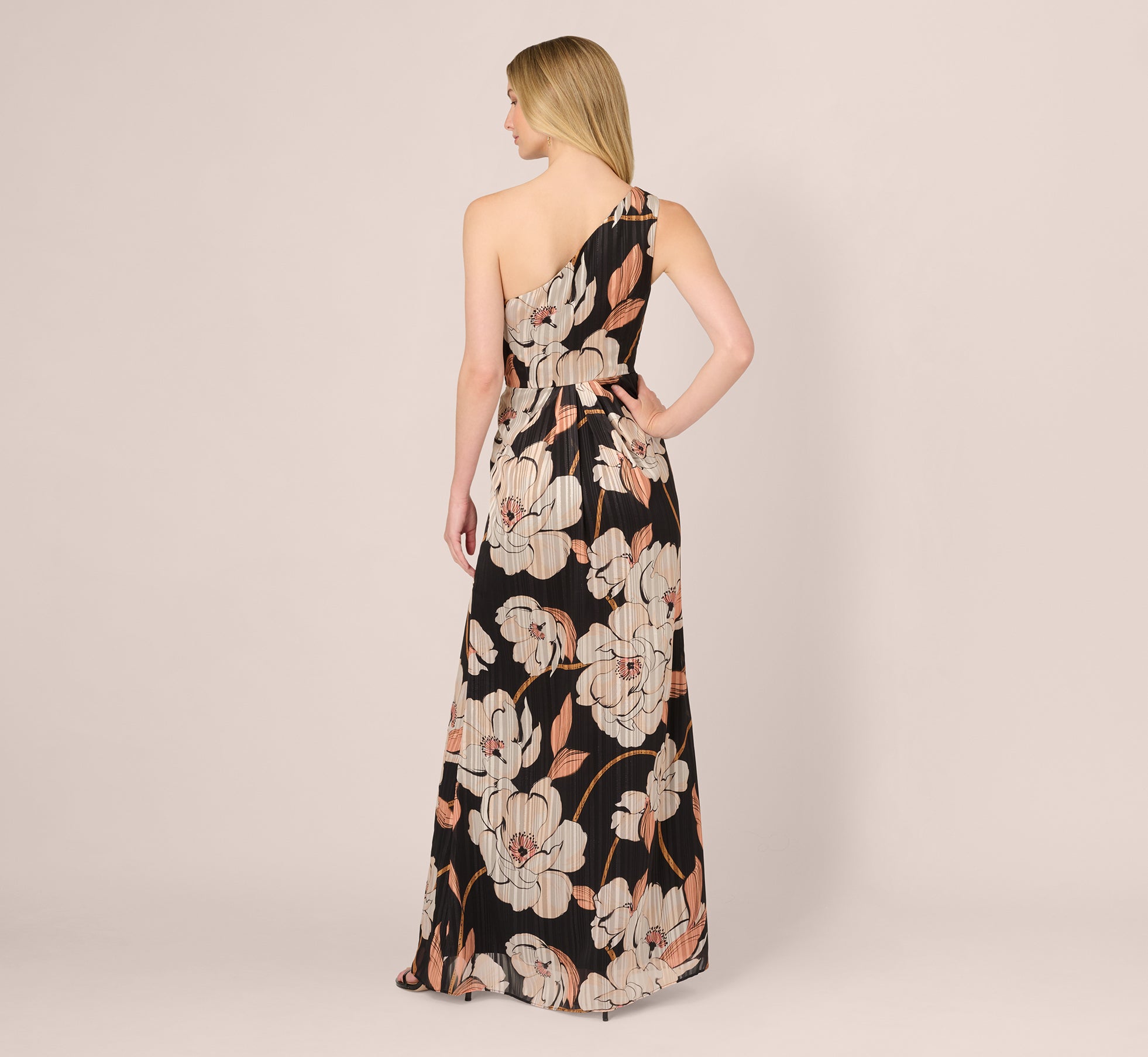 One Shoulder Floral Ribbon Stripe Gown In Black Multi