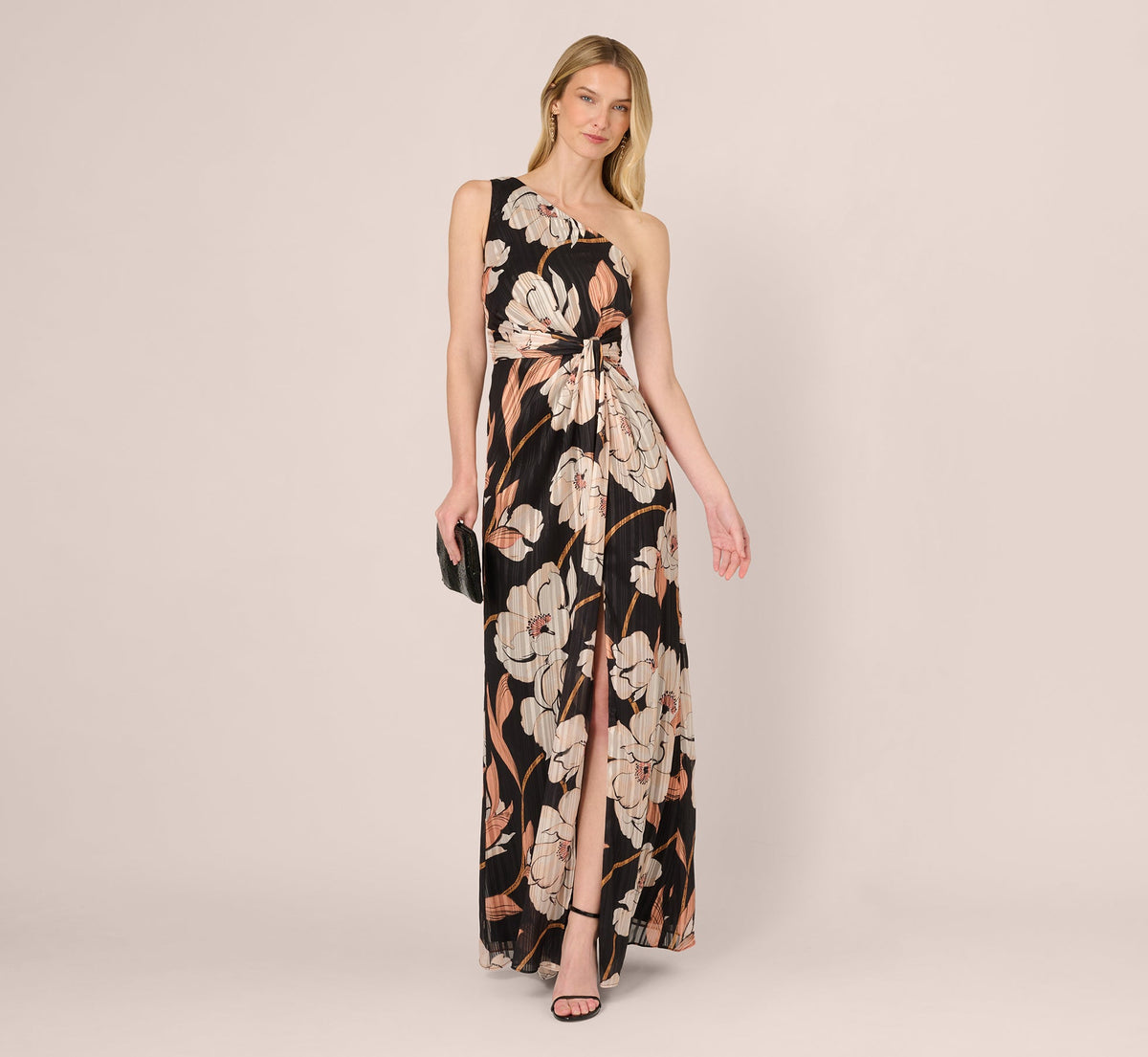 One Shoulder Floral Ribbon Stripe Gown In Black Multi