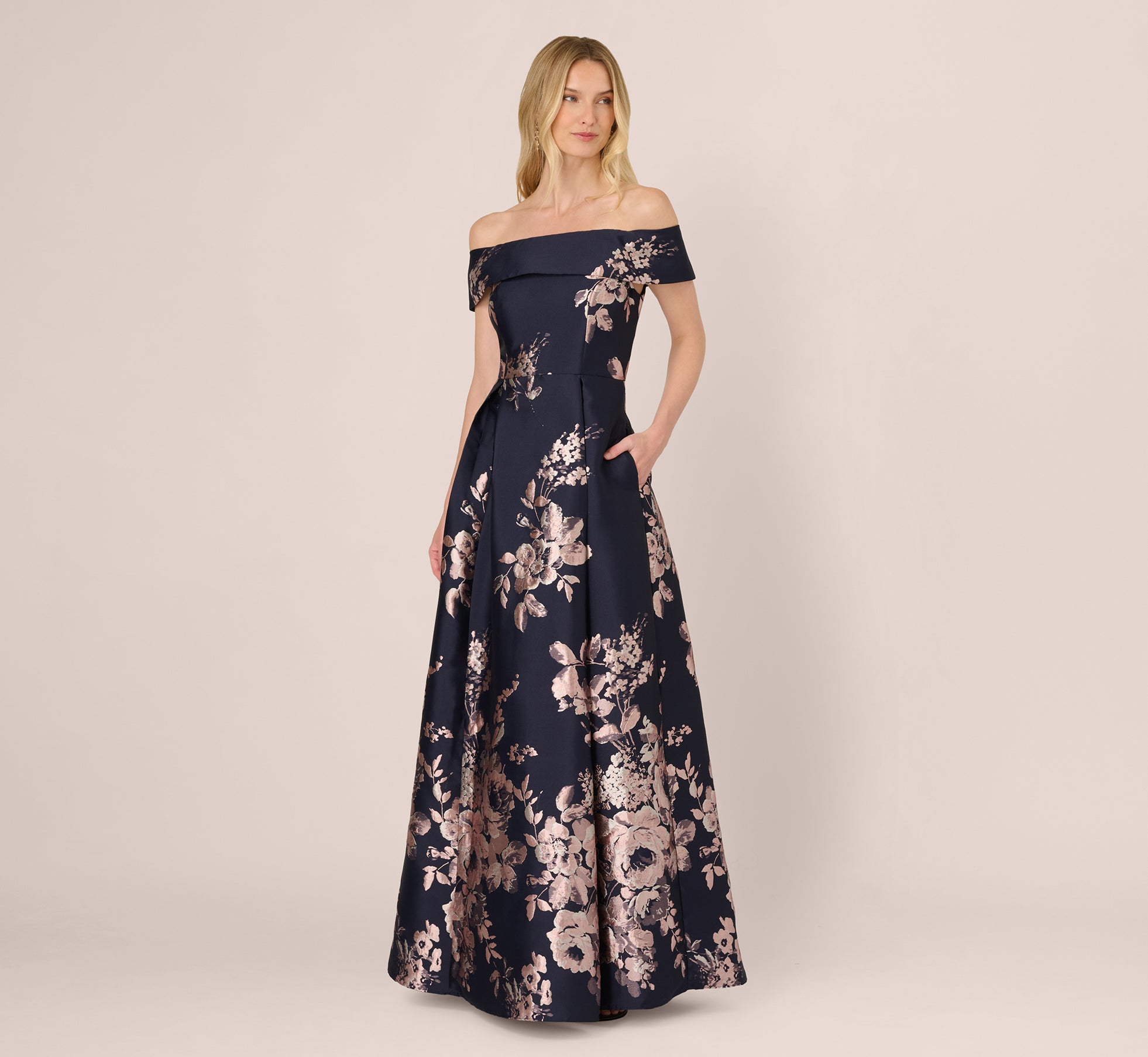 Off Shoulder Metallic Floral Jacquard Gown In Navy Blush