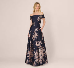 Off Shoulder Metallic Floral Jacquard Gown In Navy Blush