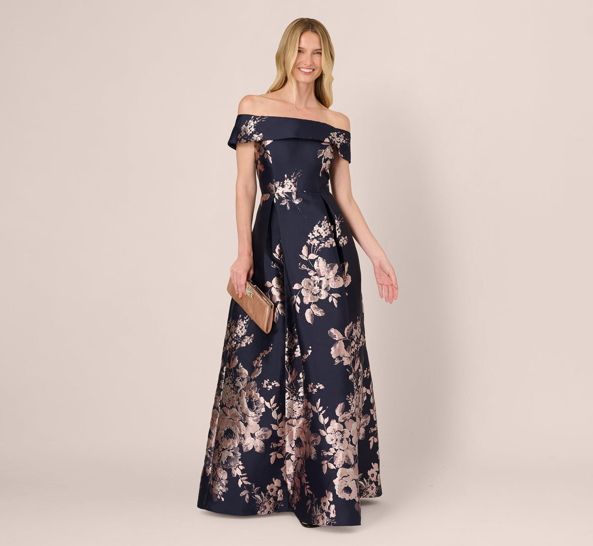 Off Shoulder Metallic Floral Jacquard Gown In Navy Blush