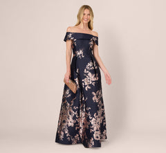Off Shoulder Metallic Floral Jacquard Gown In Navy Blush