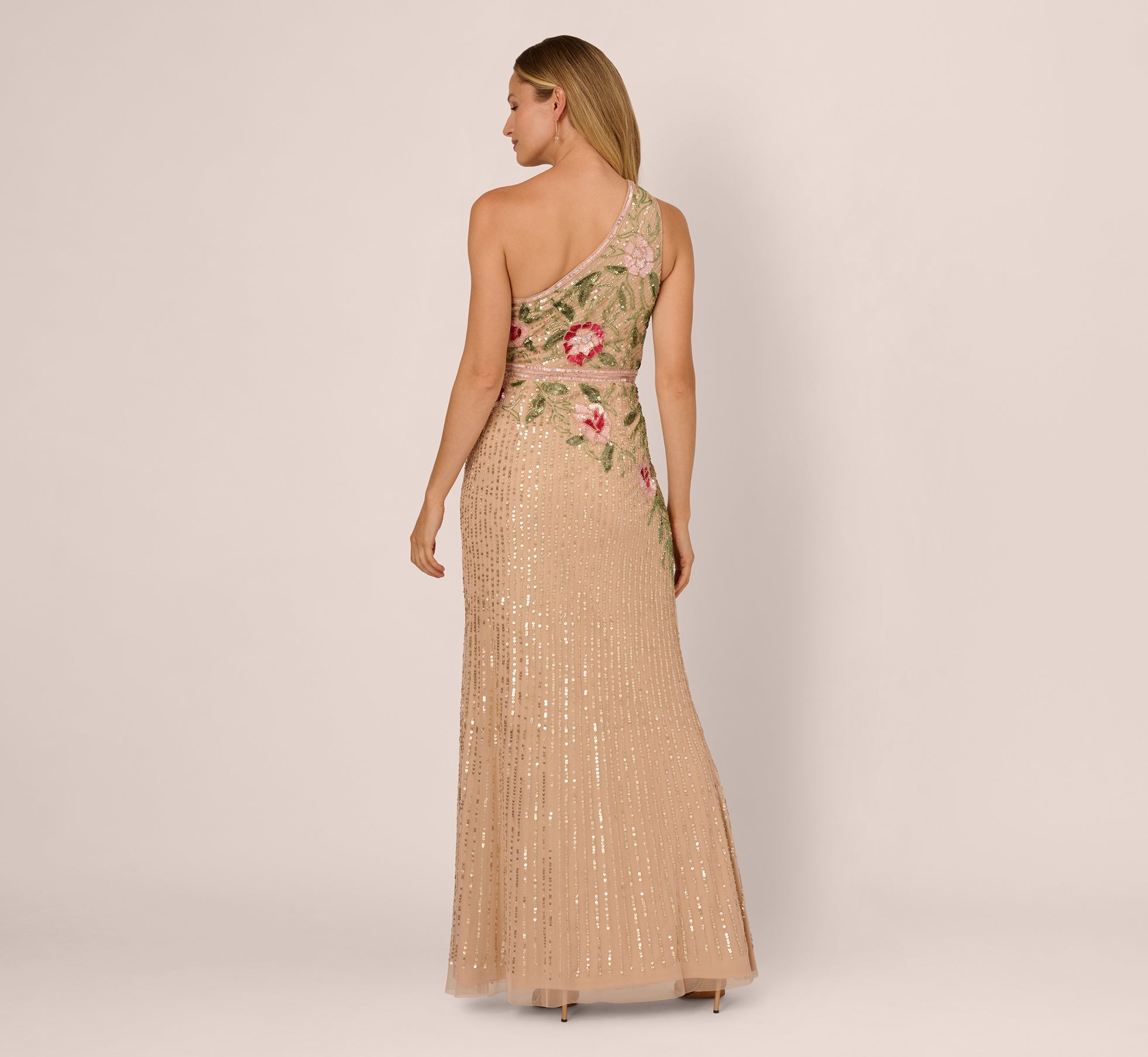 One Shoulder Floral Sequin Bead Gown In Nude Multi