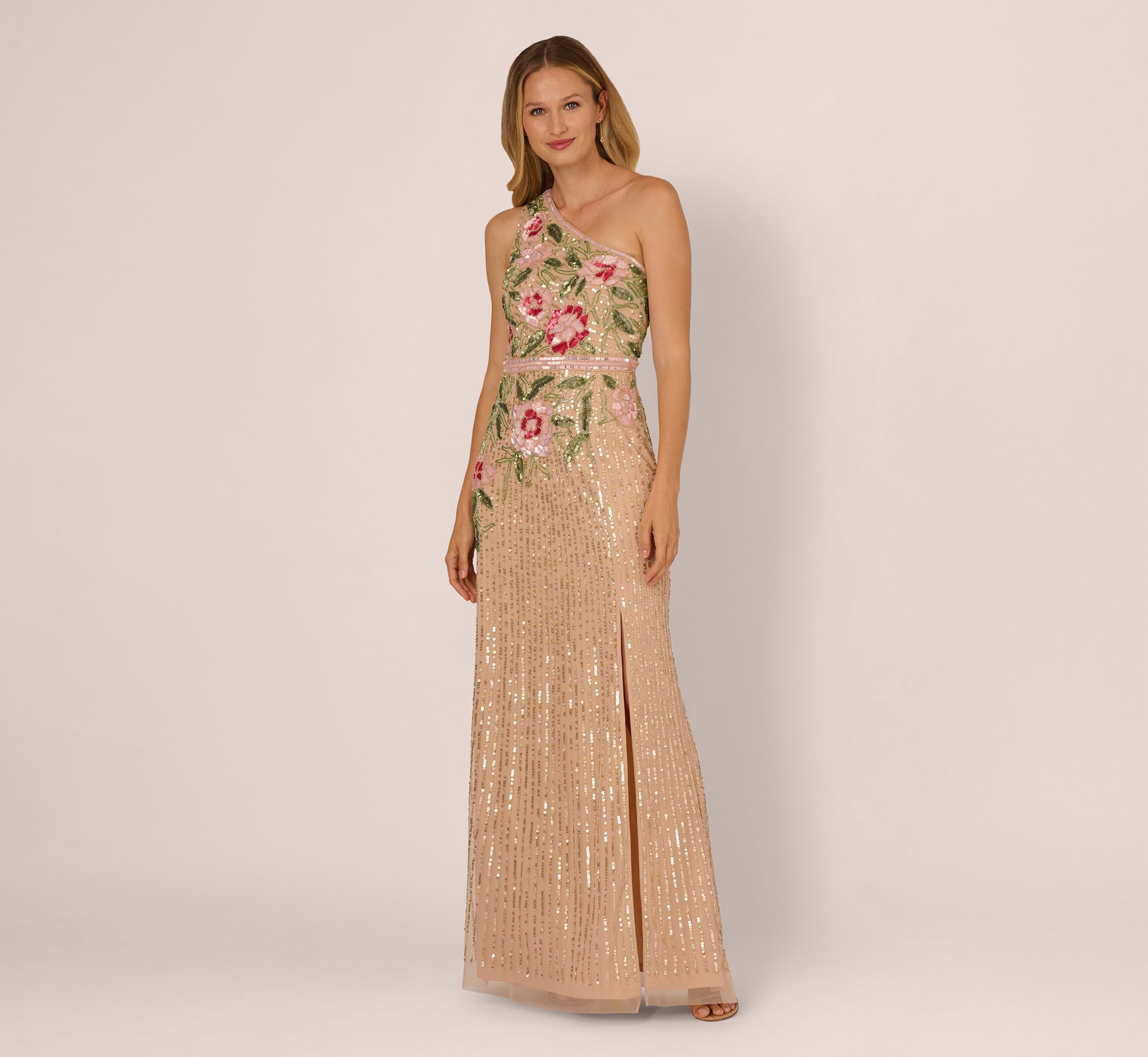 One Shoulder Floral Sequin Bead Gown In Nude Multi