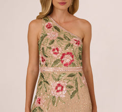 One Shoulder Floral Sequin Bead Gown In Nude Multi