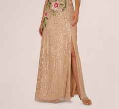 One Shoulder Floral Sequin Bead Gown In Nude Multi