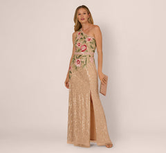 One Shoulder Floral Sequin Bead Gown In Nude Multi