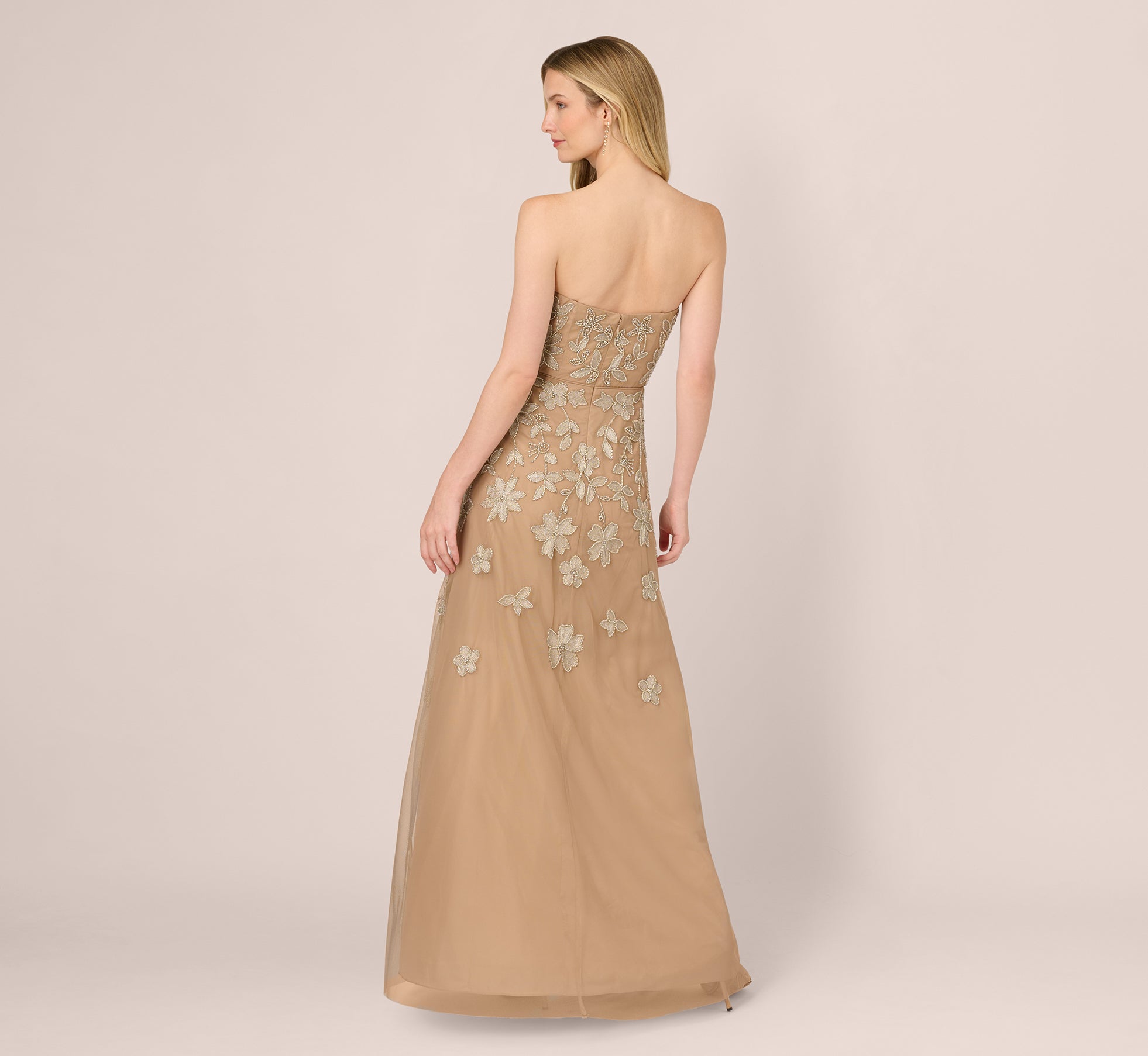 Strapless Floral Beaded Embroidery Gown In Taupe Pink