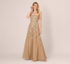 Strapless Floral Beaded Embroidery Gown In Taupe Pink